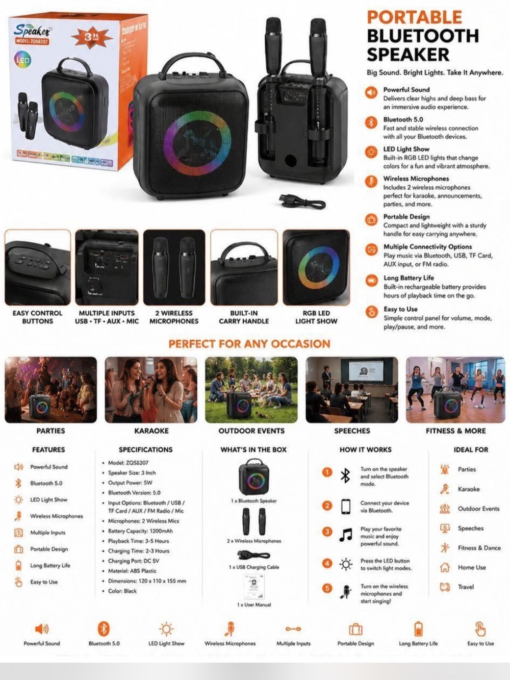 Portable Bluetooth Speaker with RGB Light Show - Black